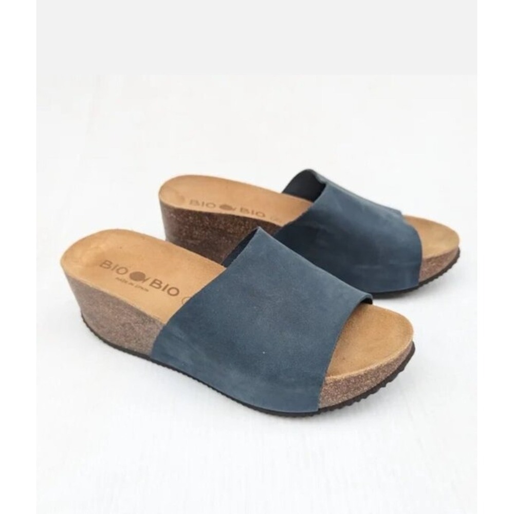 Bio Bio Blue Nubuck Leather Platform Wedge Slide Sandals Made in Spain 7.5